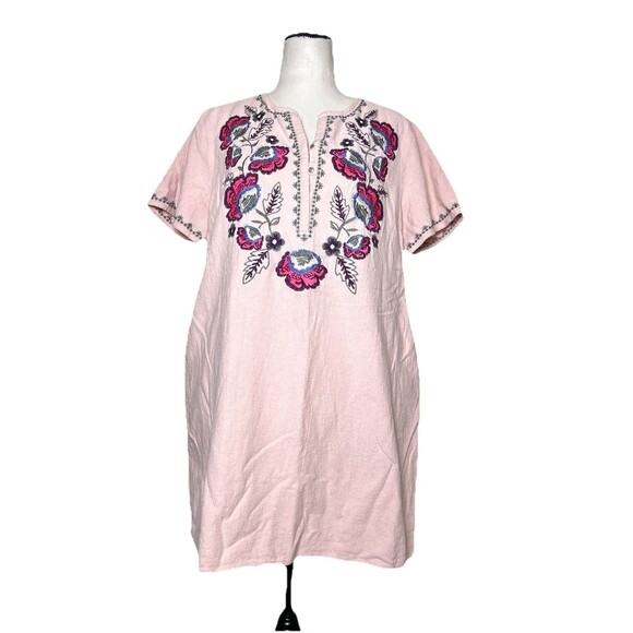 Umgee Tunic Dress Embroidered Petal Pink Cotton Dress With Pockets Womens Medium - Picture 1 of 8